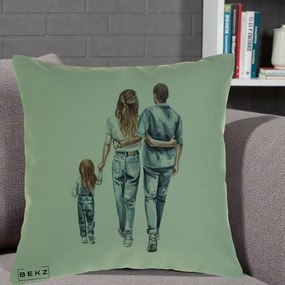 Cadou pentru Familie - Perna Personalizata Familie Acuarela Jeans, 40x40 cm, Verde, Husa Detasabila, Perna Inclusa, BEKZ®