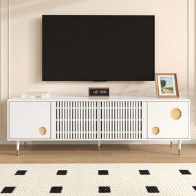Comodă TV cu front din plasă metalică și accente aurii, 4 uși, 170x36x54 cm, Alb