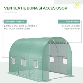 Învelitoare pentru seră Outsunny PE cu 12 ferestre, ușă rulabilă și margini îngropate, 3x2x2 m, de culoare verde | Aosom Romania