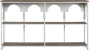Consolă hol vintage din metal, crem, cu blat din lemn, 2 rafturi și arcade pe baluștri, 91 x [lățime] x 36,5 cm, „Arches”