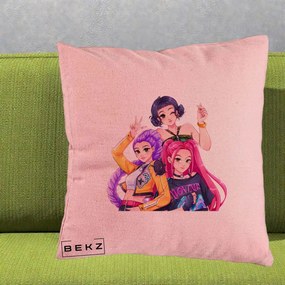 Perna Personalizata K-pop HUNTRX Trio Animat Fete Foto, 40x40 cm, Roz, Husa Detasabila, Perna Inclusa, BEKZ®