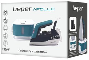 Fier de calcat Beper P204CAL200, 2250W, Placa ceramica, Termostat, Filtru, Ciclu continuu, Alb/albastru-verde