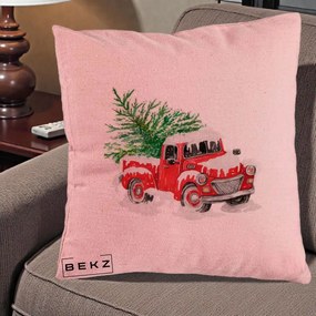 Perna Decorativa Camioneta Rosie Brad de Craciun, 40x40 cm, Roz, Husa Detasabila, Perna Inclusa, BEKZ®