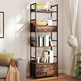 HOMCOM Bibliotecă raft de depozitare cu 6 niveluri cu 4 rafturi, 3 sertare din material textil, 60x30x176cm, maro rustic | Aosom Romania