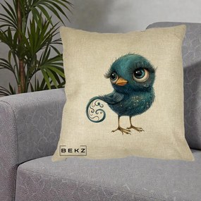 Perna Decorativa Pasare Teal cu Motive Aurii si Coada Spiralata, 40x40 cm, Crem, Husa Detasabila, Perna Inclusa, BEKZ®