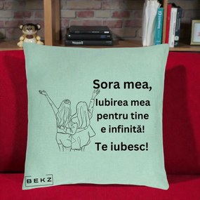 Cadou pentru Sora - Perna Personalizata Sora Mea Te Iubesc Line Art Doua Fete cu Brate Ridicate, 40x40 cm, Verde Menta, Husa Detasabila, Perna Inclusa, BEKZ®
