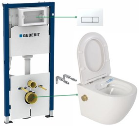 Set vas wc suspendat cu functie bideu si baterie auriu mat Foglia Oslo, rezervor wc incastrat si clapeta alb alpin, Geberit Delta 51