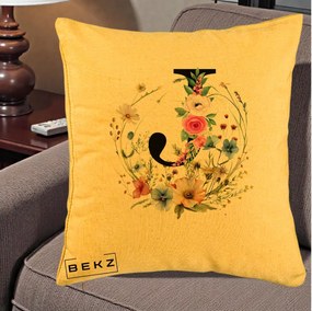Cadou Personalizat - Perna Personalizata Monogram Litera J cu Flori Acuarela, 40x40 cm, Galben, Husa Detasabila, Perna Inclusa, BEKZ®