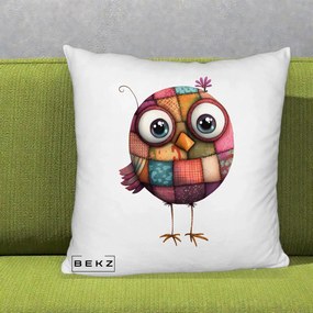 Perna Decorativa Pasare Patchwork Roz cu Floare, 40x40 cm, Alb Pufos, Husa Detasabila, Perna Inclusa, BEKZ®