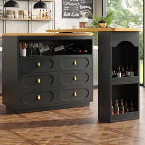 Masă de bar extensibilă cu rotire 360°, 6 sertare și raft lateral pentru gustări, 137-203x39x90 cm, Negru