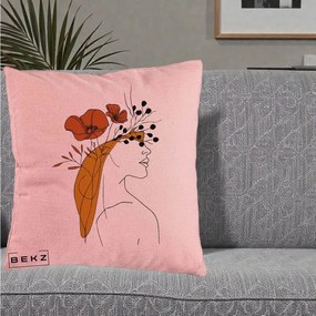 Perna Decorativa Portret Feminin Maci Rosii Auriu, 40x40 cm, Roz, Husa Detasabila, Perna Inclusa, BEKZ®