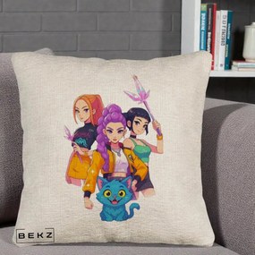 Perna Personalizata K-pop HUNTRX Trio cu Pisica si Cristale, 40x40 cm, Bej Canapea, Husa Detasabila, Perna Inclusa, BEKZ®