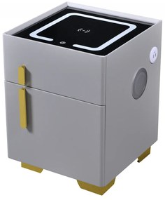 Noptiera inteligenta multifunctionala, iluminare LED tactil cu 3 culori, incarcare wireless si USB, difuzor Bluetooth, 2 sertare, Gri Deschis