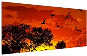 Tablou cu păsări în apus de soare (120x50 cm)