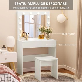 HOMCOM Masă de Machiaj Vintage cu Scaun Tapitat, Oglindă cu 12 Lămpi LED, Sertar Mare, MDF Alb, pentru Dormitor | Aosom Romania