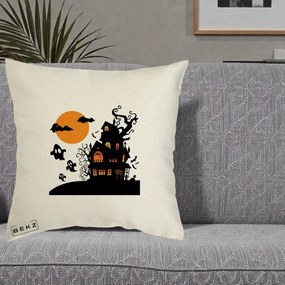 Perna Decorativa Halloween Casa Bantuita cu Fantome, 40x40 cm, Ecru, Husa Detasabila, Perna Inclusa, BEKZ®