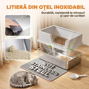 PawHut Litieră pentru Pisici xl cu Covoraș, Tavă din Oțel Inoxidabil, Lopățică, Perie, Până la 8 Kg, Gri Deschis | Aosom Romania