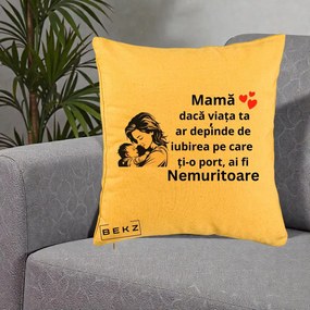 Cadou pentru Mama - Perna Personalizata Mama Nemuritoare Aproape de Bebe, 40x40 cm, Galben, Husa Detasabila, Perna Inclusa, BEKZ®