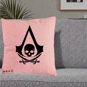 Perna Personalizata Assassin's Creed Black Flag Skull, 40x40 cm, Roz, Husa Detasabila, Perna Inclusa, BEKZ®