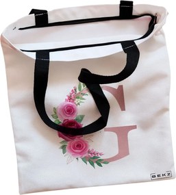 Sacosa de Panza pentru Cumparaturi, Geanta Tote, Cu litera G Rose Gold si Trandafiri, Cu fermoar, 38x34.5 cm, Alba, BEKZ®
