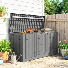 Outsunny Cutie de grădină 379 L Impermeabilă Încuiabilă Rezistentă la UV Cutie pentru perne cu aspect de lemn pentru grădină 122,5x56x62cm Gri | Aosom Romania