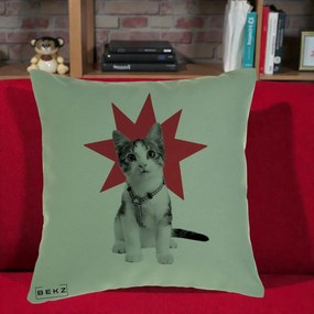 Perna Decorativa Pisica Star Pop Art, 40x40 cm, Verde, Husa Detasabila, Perna Inclusa, BEKZ®