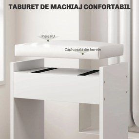 HOMCOM Set Masă de Toaletă cu Oglindă și 5 Sertare și Taburet de Machiaj Tapițat, 97,2x44,5x136,5 cm, Alb | Aosom Romania