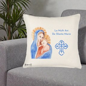 Cadou de Onomastica - Perna Personalizata Sfanta Marie Icoana Acuarela, 40x40 cm, Crem Reliefat, Husa Detasabila, Perna Inclusa, BEKZ®