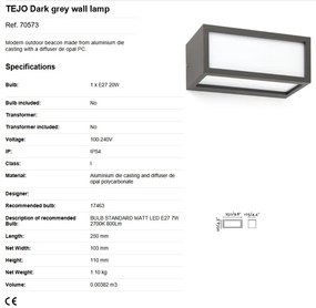 Aplica moderna de exterior IP54 TEJO gri