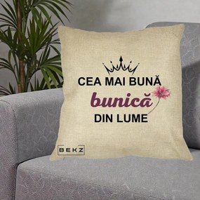 Cadou pentru Bunica - Perna Personalizata Cea Mai Buna Bunica Din Lume Coroana Mov Floare Roz, 40x40 cm, Crem, Husa Detasabila, Perna Inclusa, BEKZ®