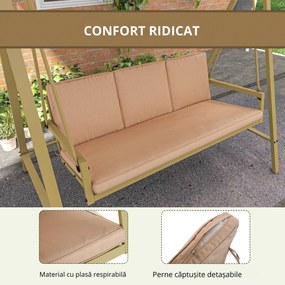 Outsunny Scaun Balansoar de Grădină cu 3 Locuri, Bancă cu Copertină Reglabilă, Perne Detașabile și Cadru din Oțel, 200x125x175 cm, Bej | Aosom Romania