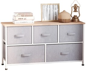 HOMCOM Comodă mobilier de depozitare 100 x 30 x 54 cm 5 sertare netesut gri structură oțel alb lemn deschis | Aosom Romania