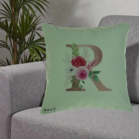 Cadou Personalizat - Perna Personalizata Monograma Rose Gold Litera R, 40x40 cm, Verde, Husa Detasabila, Perna Inclusa, BEKZ®