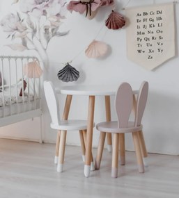 Set masuta rotunda alba si 2 scaunele iepuras roz si alb