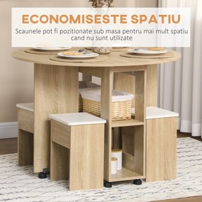 Set dining 4 persoane HOMCOM, masa de bucatarie cu extensie plianta, rotile, 4 scaune, culoare stejar | Aosom RO
