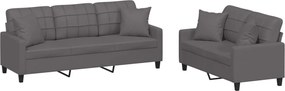vidaXL Set de canapele cu perne, 2 piese, gri, piele ecologică