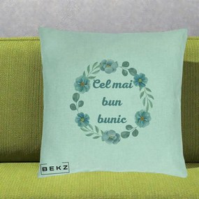 Cadou pentru Bunic - Perna Personalizata Cel Mai Bun Bunic Coronita Flori Albastre Teal, 40x40 cm, Verde Menta, Husa Detasabila, Perna Inclusa, BEKZ®