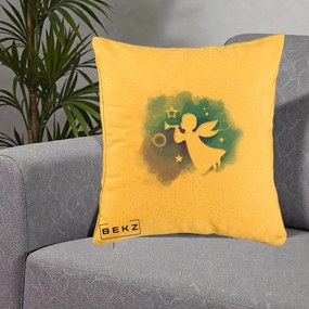 Perna Decorativa Inger cu Trompeta Albastru, 40x40 cm, Galben, Husa Detasabila, Perna Inclusa, BEKZ®