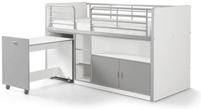 Pat etajat din pal si metal cu birou incorporat si 2 usi, pentru copii Bonny Alb Gri, 200 x 90 cm