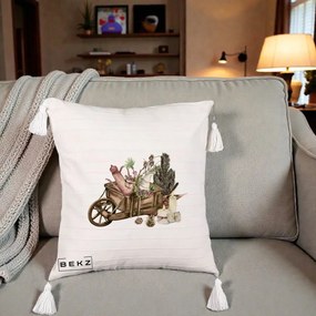 Perna Decorativa Roaba Rustica de Craciun, 40x40 cm, Bej cu Franjuri, Husa Detasabila, Perna Inclusa, BEKZ®
