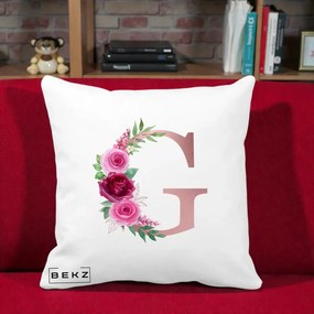 Cadou Personalizat - Perna Personalizata Monograma Rose Gold Litera G, 40x40 cm, Alba Mata, Husa Detasabila, Perna Inclusa, BEKZ®