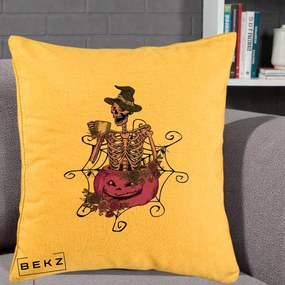 Perna Decorativa Schelet Vrajitor cu Dovleac Violet Halloween, 40x40 cm, Galben, Husa Detasabila, Perna Inclusa, BEKZ®