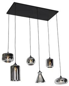 Lampă suspendată Art Deco neagră cu sticlă fumurie cu 6 lumini - Wallace