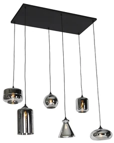 Lampă suspendată Art Deco neagră cu sticlă fumurie cu 6 lumini - Wallace