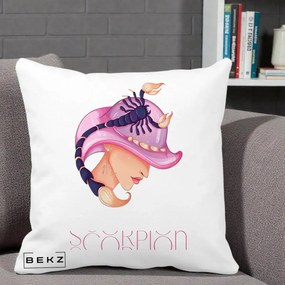 Perna Personalizata Zodiac Scorpion Cowgirl, 40x40 cm, Alba Mata, Husa Detasabila, Perna Inclusa, BEKZ®