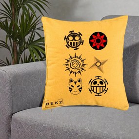 Perna Personalizata Simboluri Anime Mix - Naruto One Piece, 40x40 cm, Galben, Husa Detasabila, Perna Inclusa, BEKZ®