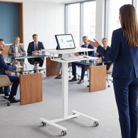 HOMCOM Birou stand reglabil pe înălțime, birou sit-stand mobil cu suport pentru tastatură, roți și cadru din oțel, Alb | Aosom Romania