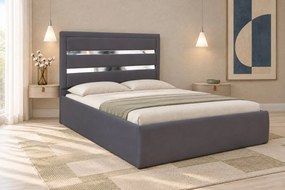 Pat tapițat din catifea Noren 140×200 cm, gri închis, detalii argintii, cu ladă de depozitare
