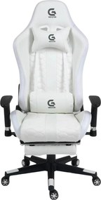 RESIGILAT- Scaun gaming, masaj în perna lombară, suport picioare, funcție șezlong, 90-180 grade, piele ecologica, Alb