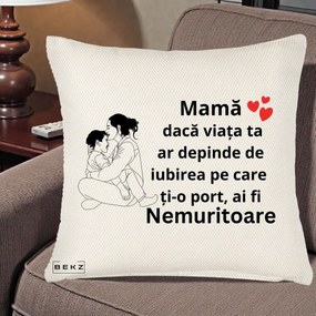 Cadou pentru Mama - Perna Personalizata Mama Nemuritoare Kawaii, 40x40 cm, Crem Reliefat, Husa Detasabila, Perna Inclusa, BEKZ®
